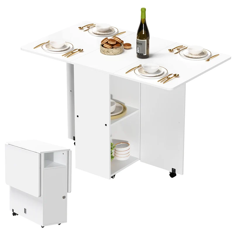Inklapbare Eettafel – Opklapbare Tafel – Vouwtafel – Verplaatsbare Tafel – Compacte Tafel – Met Wieltjes – Ingebouwde Opbergruimte – 120x70x78 cm – Wit