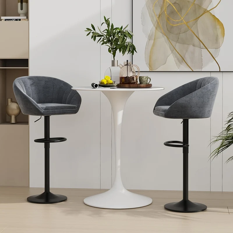 Barstoel – Barkruk – Barkrukken – Barstoelen – Keukenstoel – Fluwelen Bekleding – Verstelbare Zithoogte – Draaibaar – Set van 2 – Grijs
