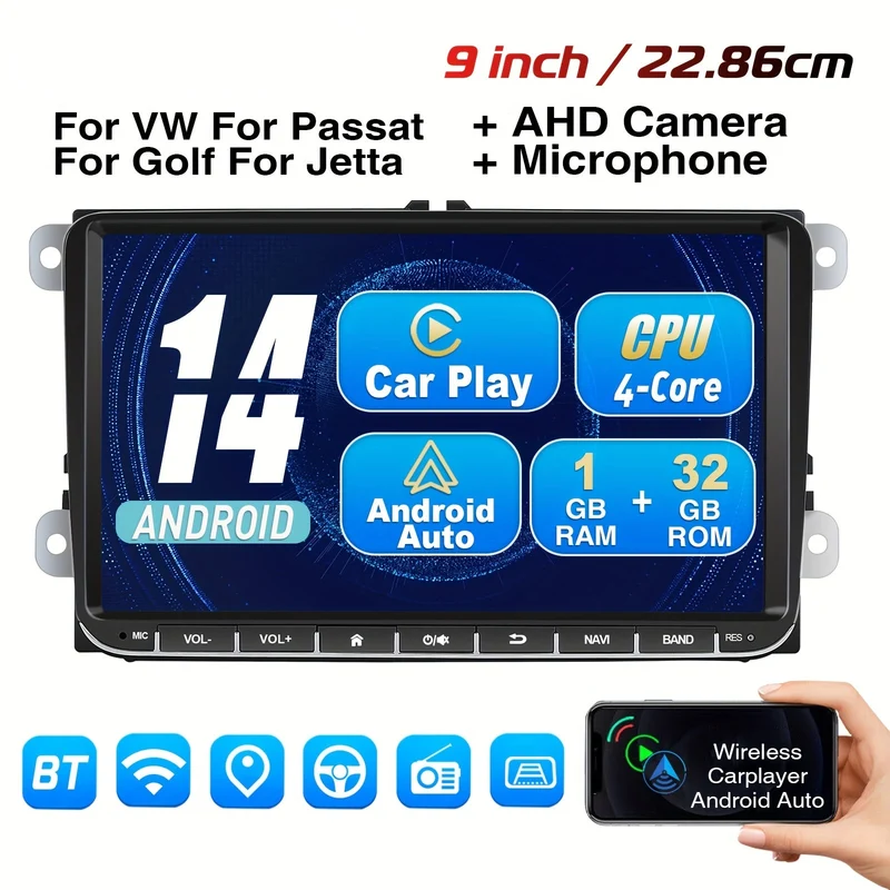 Multimedia Car Stereo – Auto Radio – Navigatiesysteem – GPS Speler – Draadloze CarPlay – 9 Inch IPS Touchscreen – AHD Achteruitrijcamera & Microfoon