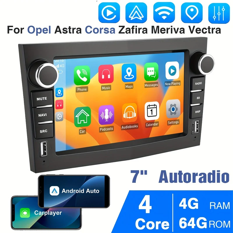 Autoradio – Auto Stereo – Multimedia Speler – 1-DIN Radio – Android 14 Systeem – 7 Inch IPS Touchscreen – Draadloze CarPlay & Android Auto