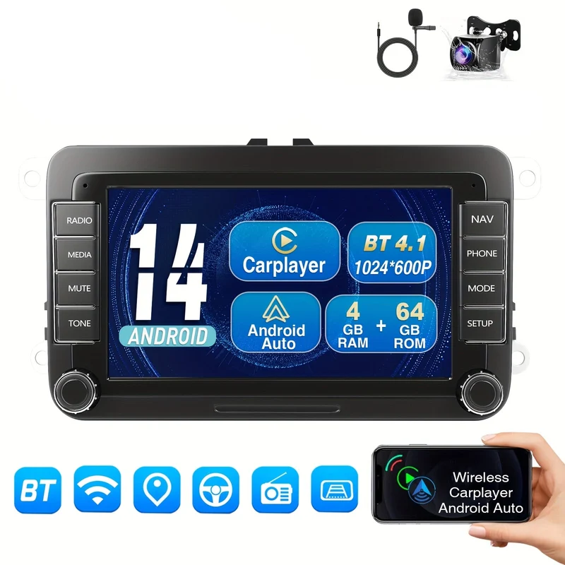 Multimedia Speler – Navigatiesysteem – Auto Radio – Android 14 Autostereo – Touchscreen – 7 Inch IPS Scherm – 4GB RAM + 64GB Opslag – Inclusief AHD Camera en Microfoon