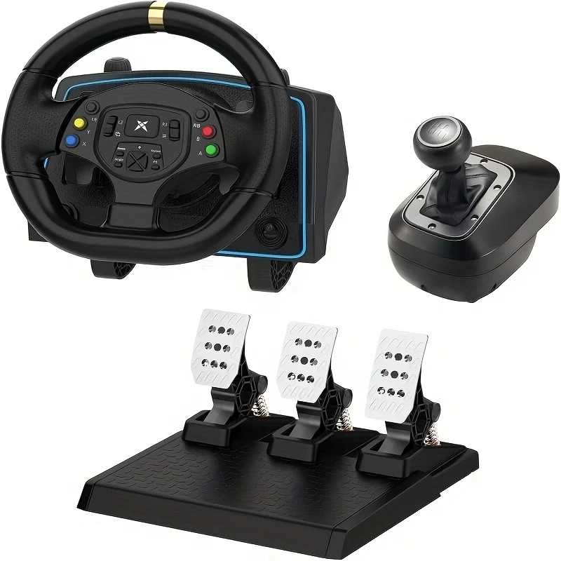 Racestuur – Racewheel – Gaming Stuur – Racestuur Set – Stuur Met Versnellingspook – Metalen Hall-Effect Pedalen – Dual Vibratiefeedback – Zwart