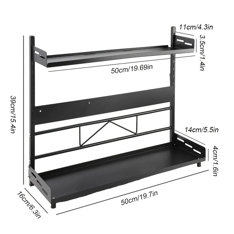 Seasoning storage rack/black double-layer -50 * 39 * 16cm can withstand 30kg. The layer board is detachable, convenient for cleaning, and has a large and stable storage space that does not shake. It is suitable for various ki