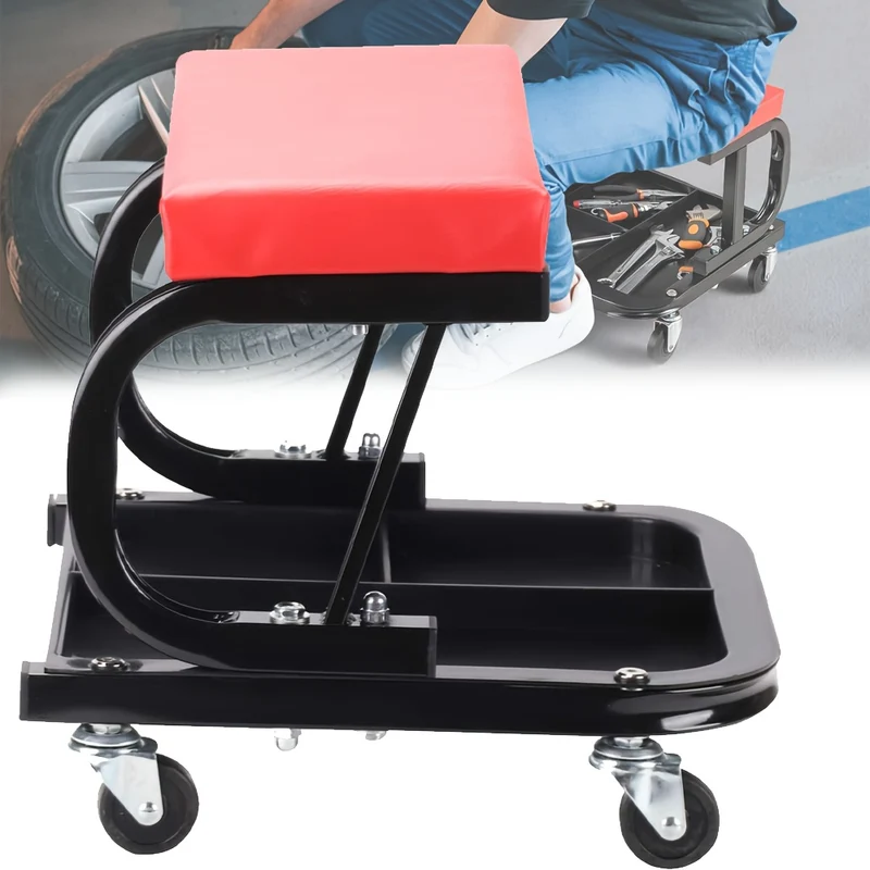 Universele Werkbank met Gereedschaptray – Rood Vierkant Krukje 36 x 37 x 33,5 cm – Met 4 Zwenkwielen, Ideaal voor Auto-, Schoonheids- en Reparatiewerkplaatsen