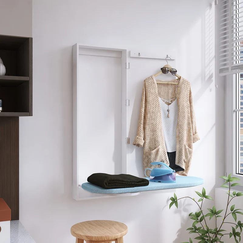 Strijkplankkast – Strijkbordkast – Inklapbare Strijkplank – Muurstrijkplank – Strijktafel – 180° Draaibaar – Wit Hout Met Spiegel