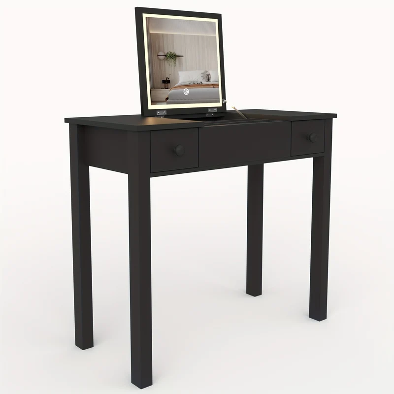 Make-up tafel – Kaptafel – Schminktafel – Vanity – Make-up bureau – Zwart hout – Ingebouwde Spiegel – Met lades