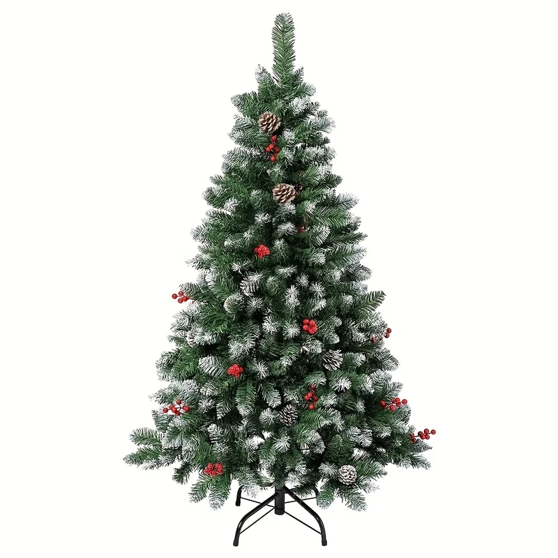 Kerstboom – Kunstkerstboom – Nepkerstboom – Dennenboom – Kunstboom – 210 cm Hoog – Realistisch Besneeuwd Met Rode Bessen & Dennenappels