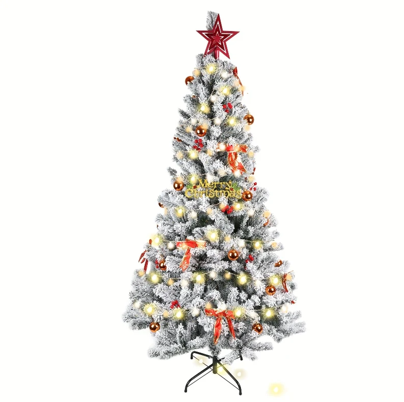 Kunstkerstboom – Nepboom – Valse Kerstboom – Flock Kerstboom – Hinged Kerstboom – 150 cm Hoog – Inclusief Versieringen – Met Sneeuwlaag – Stevige Metalen Standaard – Geschikt Voor Binnen En Buiten