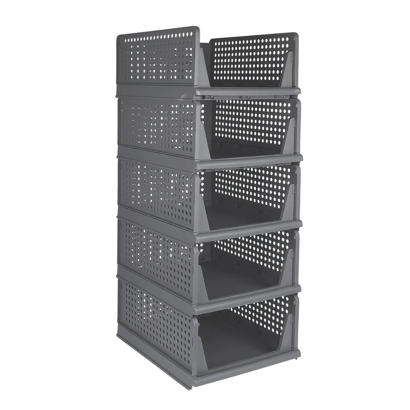 Opbergbox – Opbergmand – Opberger – Opbergkrat – Opbergdoos – Set van 5 – Stapelbaar en Inklapbaar – Duurzaam Kunststof 33,5x43x18 cm – Ruimtebesparend en Multifunctioneel