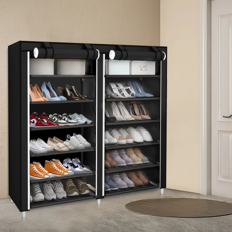 Black Non-woven Shoe Rack, Shoe Organizer for Closet And Entryway, 2 Rows 7 Tier for Storage Boxes And Boots, Extra Wide Shoe Organizer, Ventilated Storage Rack 120x30x110cm Space-saving Design | Easy Assembly