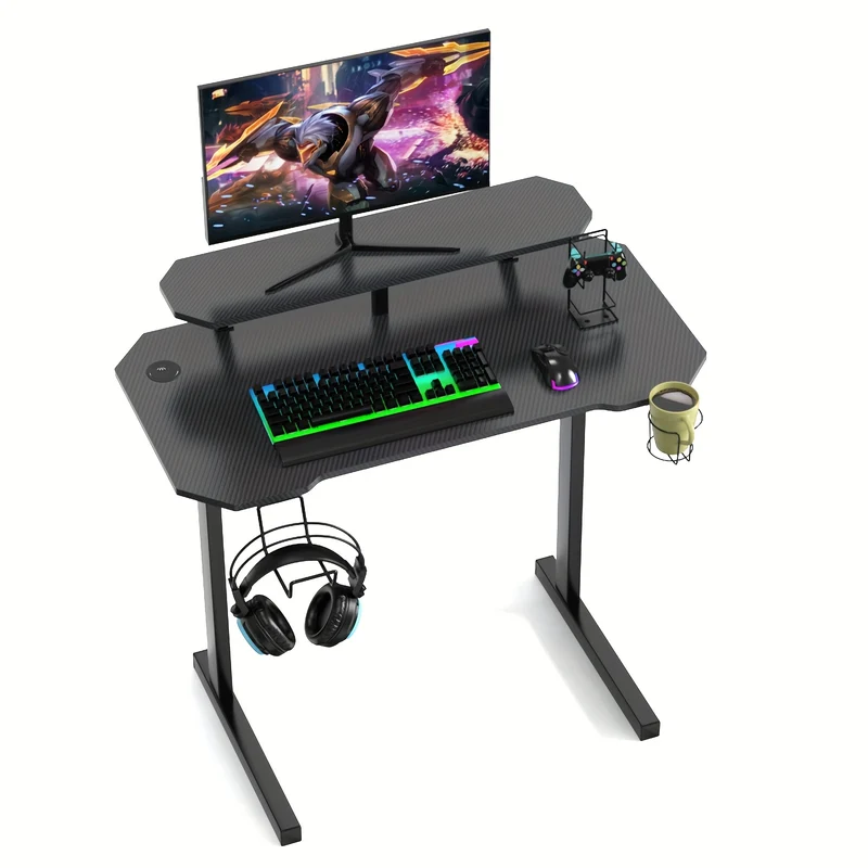 Gaming Bureau – Gaming Tafel – Game Desk – Computerbureau – Werkplek – Carbon Fiber Blad – 100x55x74 cm – Extra Groot Met Display Rek – Bekerhouder & Headphone Hook