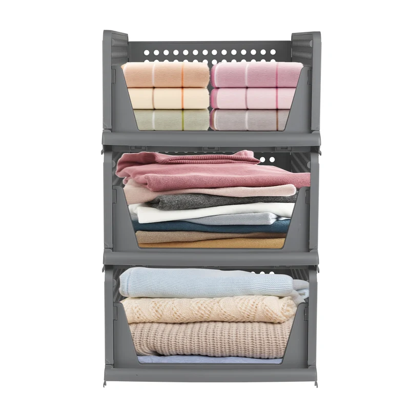 3pcs Stackable Closet Organizer Boxes - Heavy-Duty Foldable Plastic Storage Baskets with Sturdy Frame, Space-Saving Clothes Organizer for Wardrobe, Laundry Room, Under-Bed Storage, Bathroom, Kitchen - Modern Home Organization