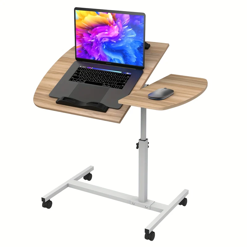 Height Adjustable Mobile Computer Desk, 60x40x61.5-96.5cm Rolling Workstation with Lockable Wheels/Anti-Slip Bars, Portable Laptop Desk for Home Office | Easy to Assemble (Wood Color)