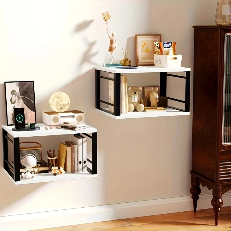 Set Of 2 Wall Mounted Bedside Tables 40x30x24cm- Space Saving Floating Nightstands with Open Storage, Metal Frame - Modern for Bedroom & Living Room (Hardware Included)