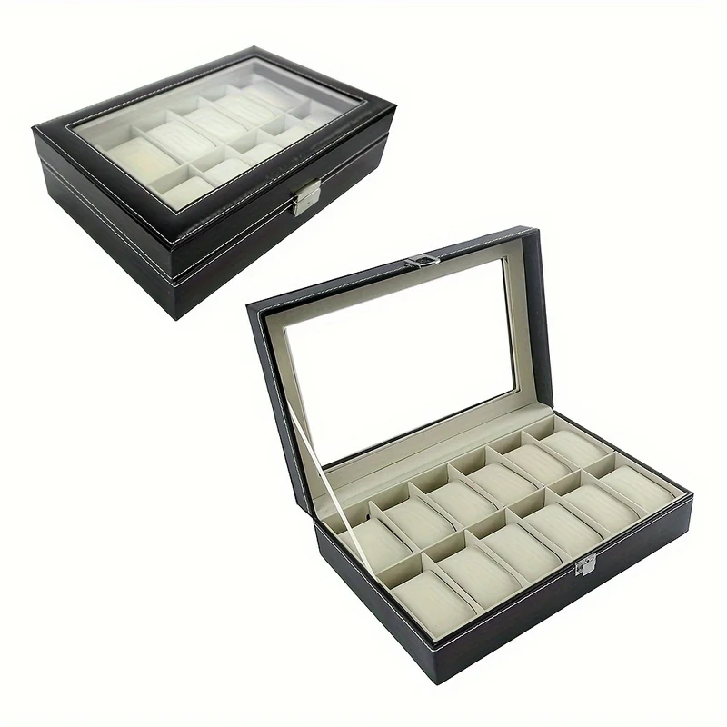 Horlogebox – Horlogedoos – Watch Box – Sieradendoos – Opbergdoos – 12 Vakken – Dubbel Laags PU Leer – Transparant Glas Met Slot – Compact 30x20x8 cm – Fluwelen Voering