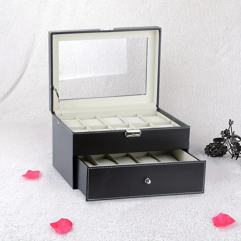 20 Slot Watch Box with Lock, Double Layer PU Watch Case Organiser Display with Glass Top, 29x21x17cm Storage for Men Women (Black), Large Watch Box, Watches Case Storage for Women, Watch Box for Men, Watch Storage Case, Watch
