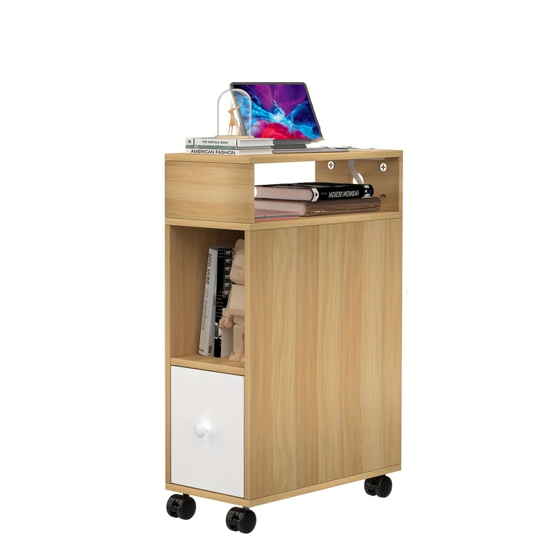 Mobiele Zijtafel – Rollende Bijzettafel – Nachtkastje – Smalle Tafel – Opbergtafel – Compact Design – MDF Hout – Vergrendelbare Wieltjes – 77x50x25 cm