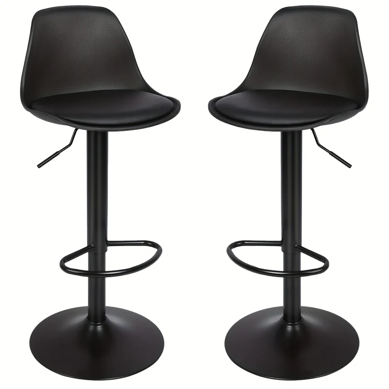2pcs Bar Stools with PU Upholstered Seat, Adjustable Height (55-75cm) - Modern Swivel Bar Stools for Kitchen Island, Cafe, Restaurant Counter, Heavy Duty Metal Frame with Footrest (BLACK)