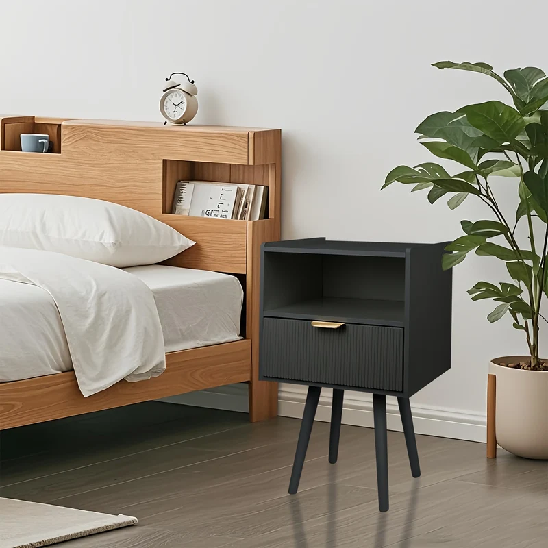 1pc Nightstand With Drawer & Open Shelf, Boho Bedside Table, Multi-Functional End Table, Mit Wooden Leg, For Bedroom & Living Room, Accent Table With Storage 42x30x65cm Black