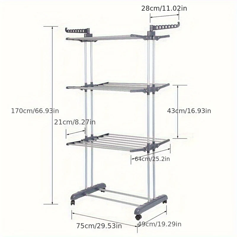 Vertical Space Saving Clothes Drying Rack - Heavy Duty Grey Silver Metal Frame, Rollable Design, 75x49x170cm Large Capacity, Suitable For Indoor/Outdoor Use (Foldable), Drying Racks