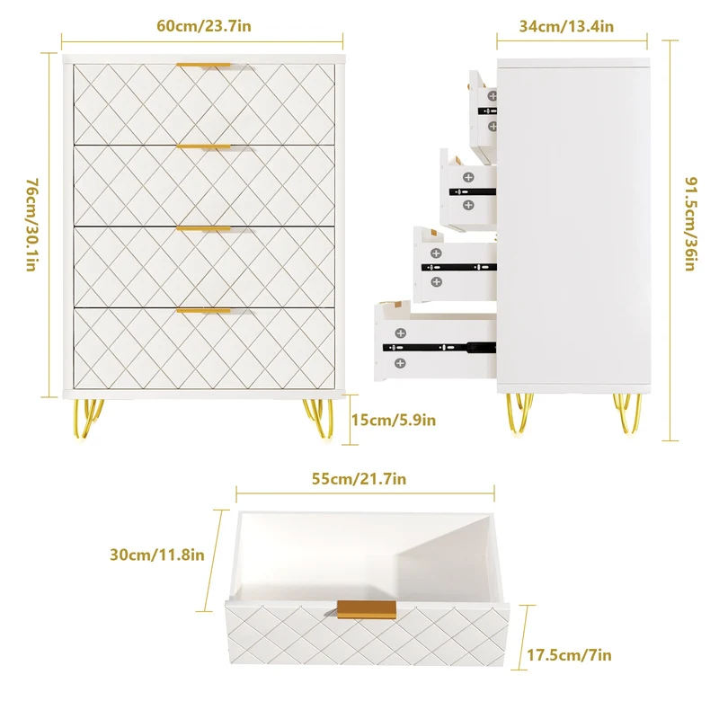 Modern White & Golden Storage Cabinet with PU Drawers - Heavy-Duty Organizer with Metal Handles, Space-Saving Design for Living Room, Bedroom, Entryway - Easy Assembly, Sturdy Construction, Cabinet Storage, Bedroom Furniture,