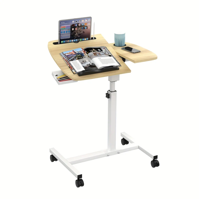 Mobiele Bijzettafel – Verstelbare Tafel – Zwenkwieltjes Tafel – Serveertafel – Werktafel – Handmatig Verstelbaar 60-90 cm – Krasbestendig Tafelblad