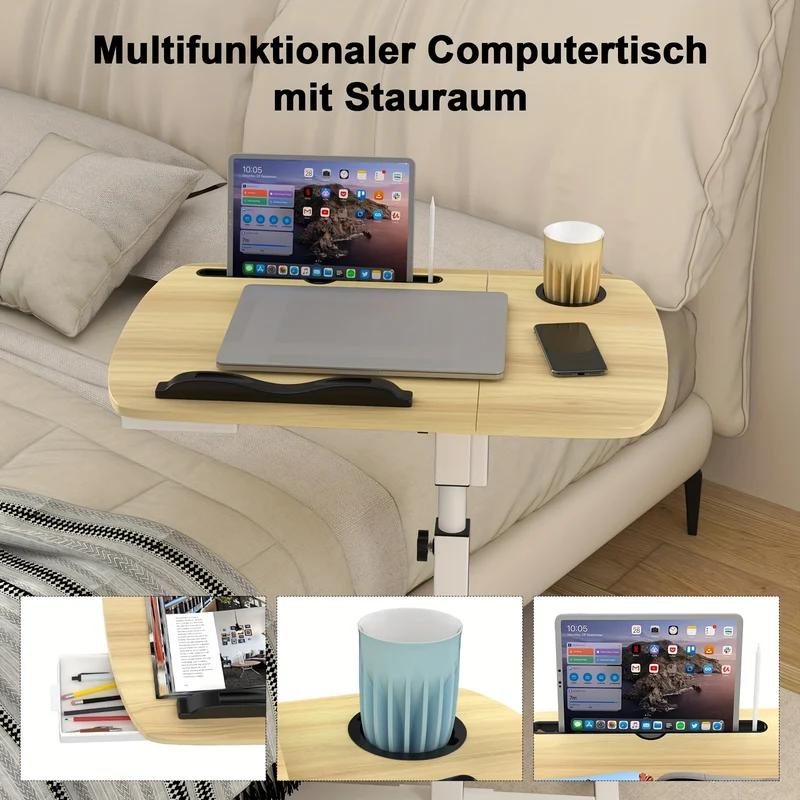 Mobile Side Table for Living Room & Home Office | Wooden Top, Lockable Wheels & Tiltable Ergonomic Design | Manual Height Adjustable 60-90cm, Scratch-Resistant Surface