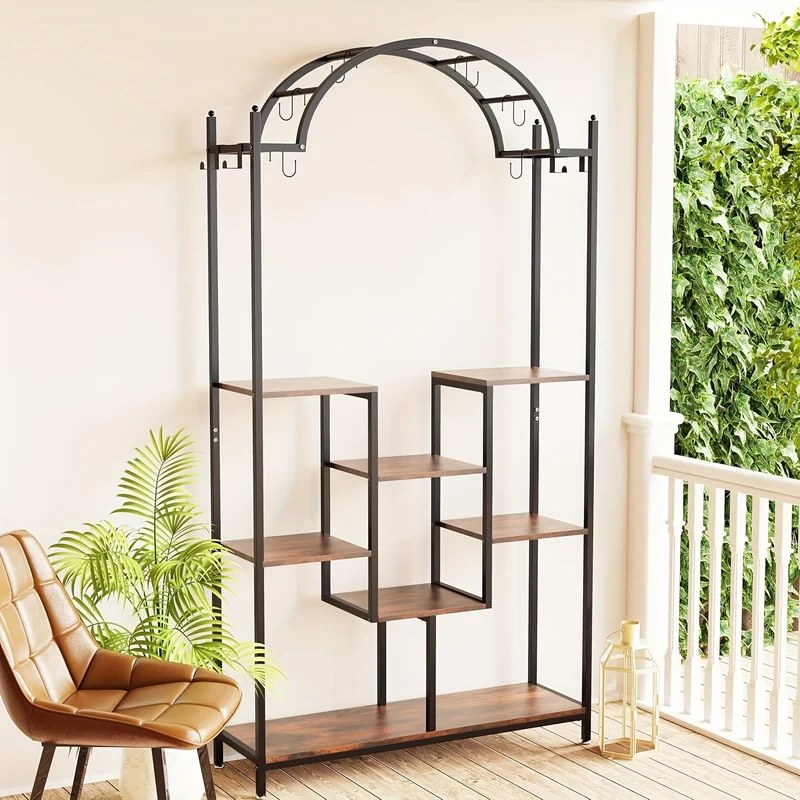 7-Tier Tall Indoor Plant Stand Corner Shelf with Hanging Hooks, Arched Metal Multi-Purpose Display Rack for Bonsai Pots and Plants, Classic Black Finish for Living Room or Balcony, Plant Hanger, Unho