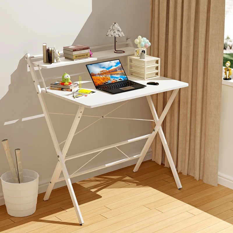 2-laags bureau – houten tafel – schrijftafel – werktafel – studeertafel – wit – compact ontwerp – stevig stalen frame