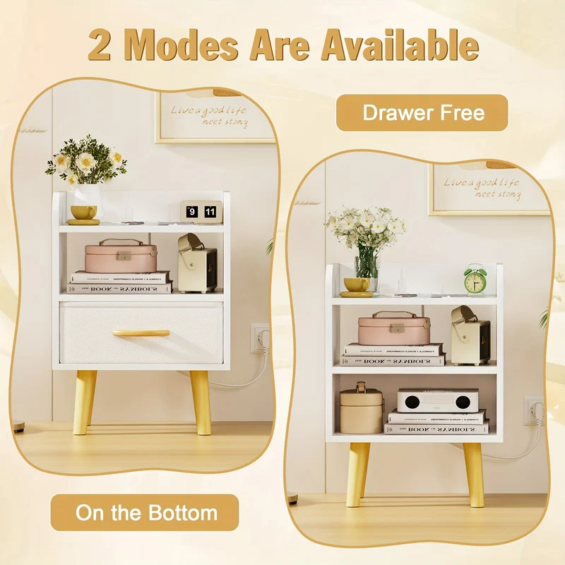 2x White Modern Nightstand With Drawer & Open Shelves | Easy-Clean Compact Nightstand With 1 Drawer & 2 Shelves | Minimalist White Nightstand With Metal Frame & Wooden Legs | Quick Wipe Surface