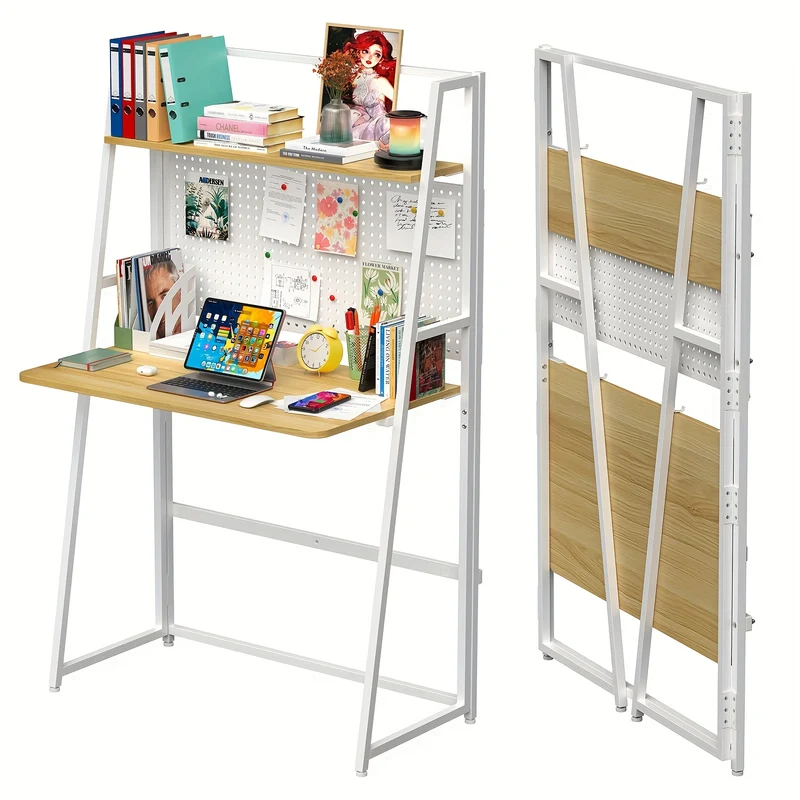 Bureau – Werkplek – Computertafel – Schrijftafel – Bureautafel – Eikenhout Met Wit Metalen Frame – Inclusief Opbergrek – Compact 138x40x86 cm