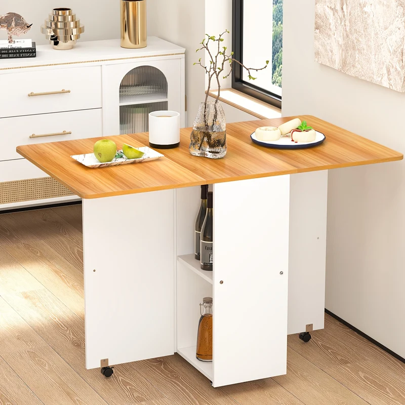 Farmhouse Folding Dining Table Drop Leaf Table for Small Spaces with 2 Tier Storage Racks Multifunction Space Saving Table, Extendable Folding Kitchen Table with Lockable Wheels Suitable for 2-6 People 120x70x78cm, Expandable