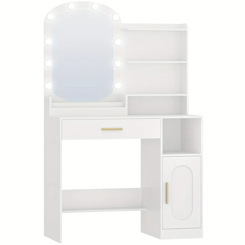 Kaptafel – Make-uptafel – Schminktafel – Visagiekast – Toiletmeubel – Wit – Ovale Spiegel – Veel Opbergruimte – Stevig MDF