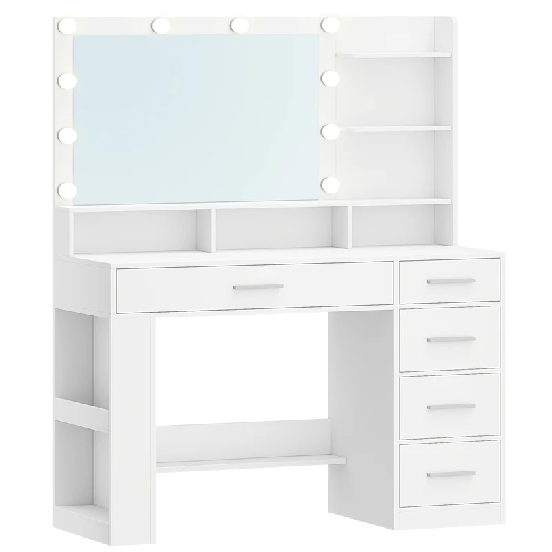 Make-up Tafel – Make-up Spiegel – Kaptafel – Make-up Bureau – Visagie Tafel – Wit – Grote HD Spiegel Met LED-Verlichting – 6 Open Vakken & 5 Laden