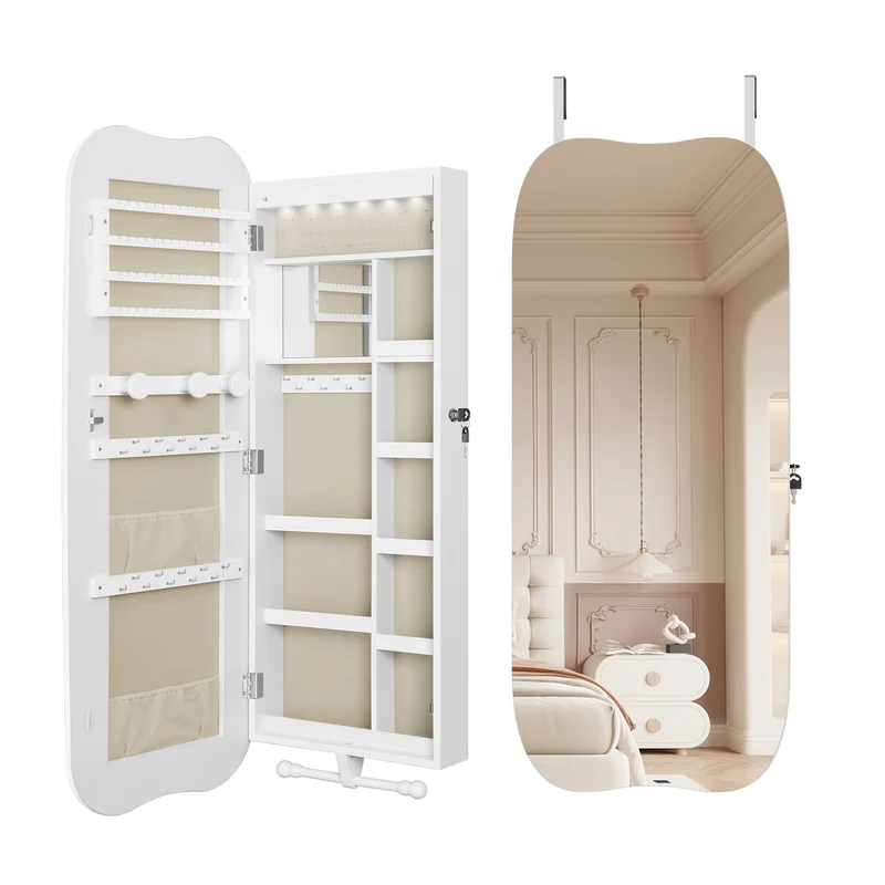 Jewelry Cabinet, Mirror Cabinet, Wall Cabinet With LED Lighting, Wall Cabinet With Mirror, Lockable, With Interior Mirror, Surface In White, Interior Lining In Greige, Jewelry Armoires