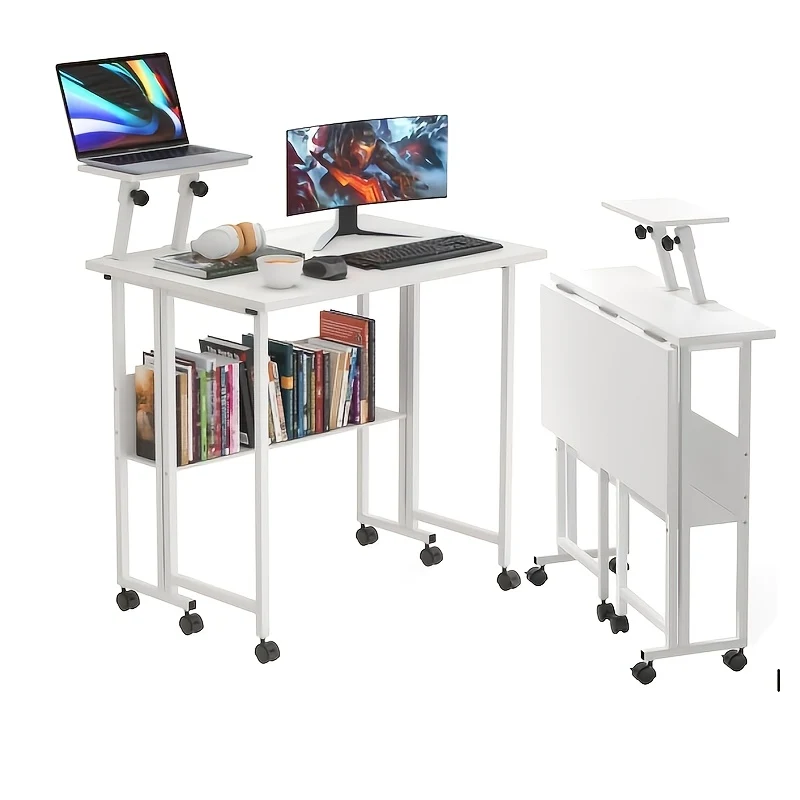 Bureau – Schrijftafel – Computertafel – Werktafel – Opvouwbaar Bureau – Inklapbaar – Met Wieltjes – Verstelbare Monitorstandaard – Compact 80x58x76 cm
