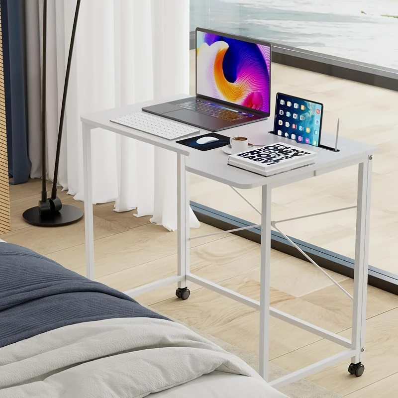 Bureau – Schrijftafel – Computerbureau – Werkplek – Opvouwbaar – 90x56 cm – Mobiel op Wielen – Industrieel Stalen Frame