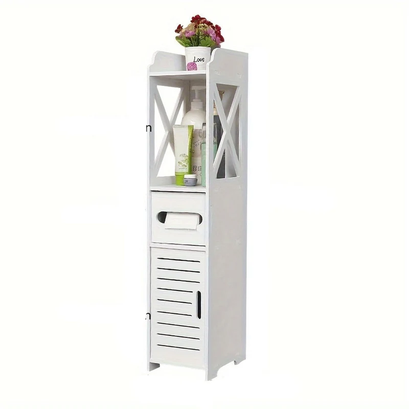 Toiletpapierhouder Vrijstaand – Toiletrolhouder Badkamer – Toiletpapier Organizer – Toiletrolhouder Met Opbergruimte – Toiletrolhouder Staand – 2-in-1 Opberger Met Deurtje – Compact 16x16x80 cm – Waterbestendig Kunststof