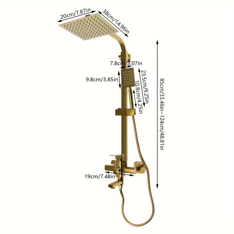 Doucheset – Douche Set – Complete Douche Set – Regendouche Set – Handdouche Set – Luxe Gouden Messing – 20x20 cm Regenval Topdouche – Verstelbare Hoogte 85-124 cm