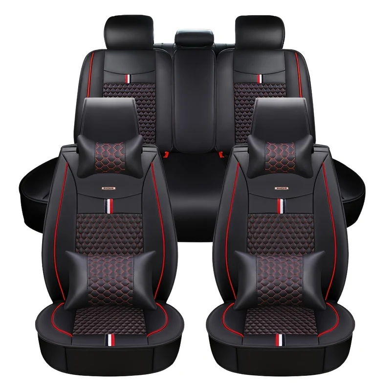 Autostoelhoezen Set – Stoelhoezen Auto – Autostoel Bekleding – Auto Stoelhoes – Auto Interieur Bescherming – Universele Pasvorm – Waterdicht PU Leer – Met Hoofdsteun- en Lendenkussens – 5 Zits (Zwart Rood)