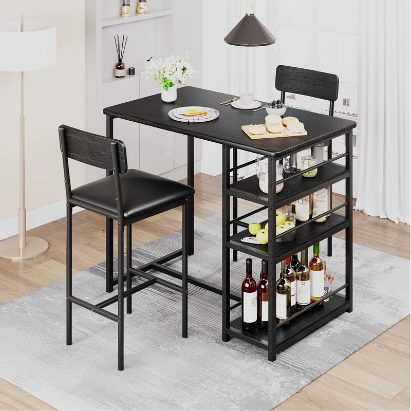 Barset – Tuinbarset – Bistroset – Barmeubel – Eettafelset – Compact Met 3-Lagen Opbergruimte – Gestoffeerde Barkrukken Met Voetensteun - Zwart