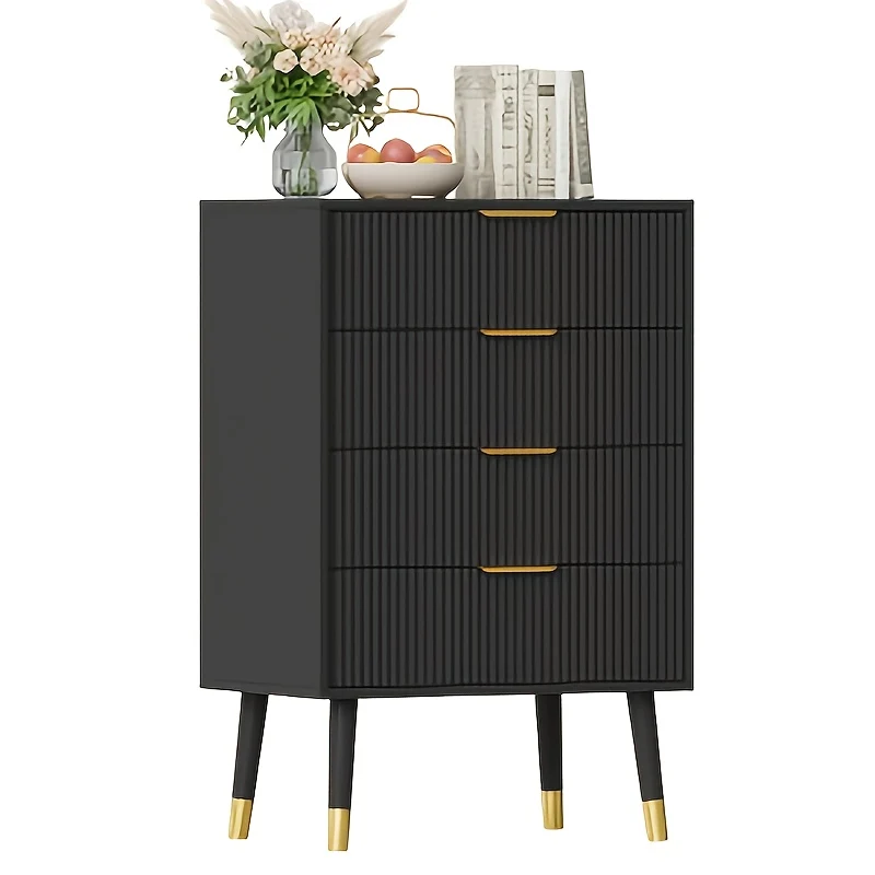 Ladekast – Ladenkast – Kommode – Opbergkast – Dressoir – Zwart – Gouden Poten & Handgrepen – 4 Ruime Lades – Stevig Hout & Metaal
