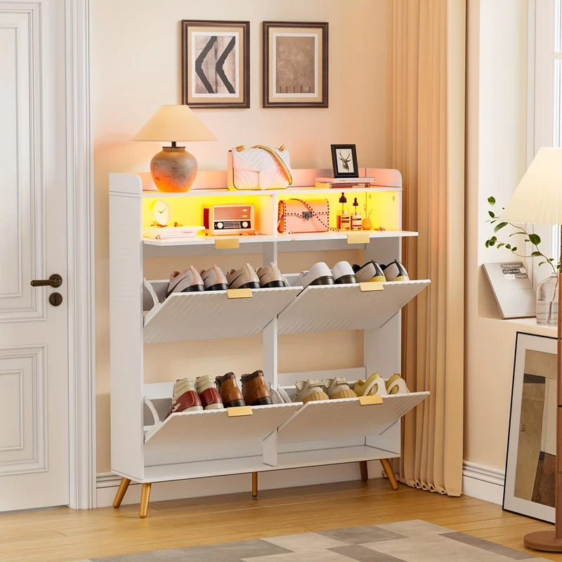 Schoenenkast – Schoenrek – Schoenenopberger – Halmeubel – Schoenenkastje – Wit – 4 Klepdeurtjes – Glazen Blad – 117x106x24 cm – Ruimtebesparend – Met Lade
