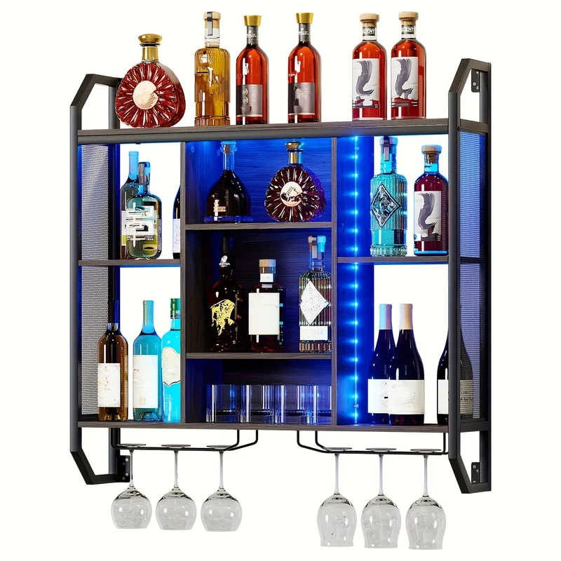 Wijnrek – Flessenhouder – Wandrek – Glazenhouder – Wijnhouder – Metaal – 90 x 90 cm – Verstelbare Planken
