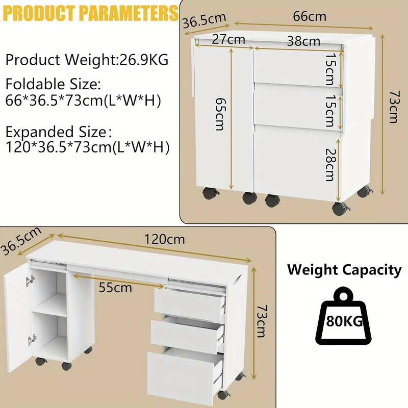 Uitschuifbaar Bureau – Werktafel – Schrijftafel – Computerbureau – Bureau Met Laden – Wit – 66-120 cm Uitbreidbaar – Met Wieltjes En Opbergruimte