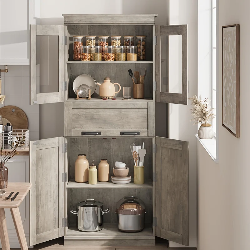 Vrijstaande Opbergkast – Badkamerkast – Boekenkast – Vitrinekast – Kast Met Lade – Modern Grijs – 170 cm Hoog – Verstelbare Planken En Glazen Deuren