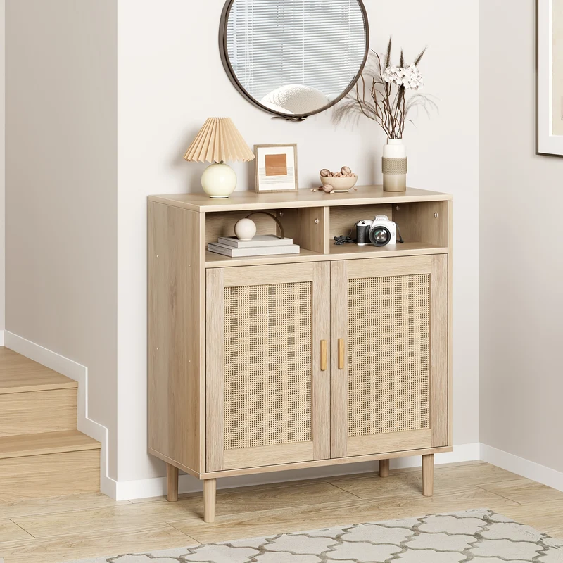 Dressoir – Opbergkast – Buffetkast – Sideboard – Dressoirkast – Rattan Deuren – Massief Houten Poten – 80x92x40 cm – 2 Open Planken