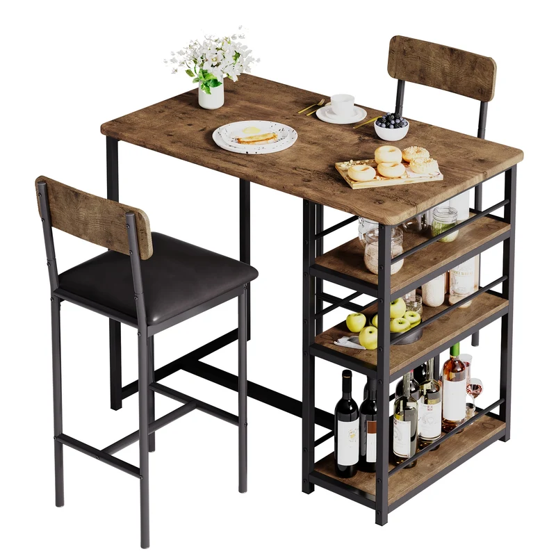 Eettafel – Keukentafel – Tafel – Eetkamertafel – Eethoek – Compact Rechthoekig MDF Tafelblad – Met 3 Opbergplanken en Gestoffeerde Barkrukken