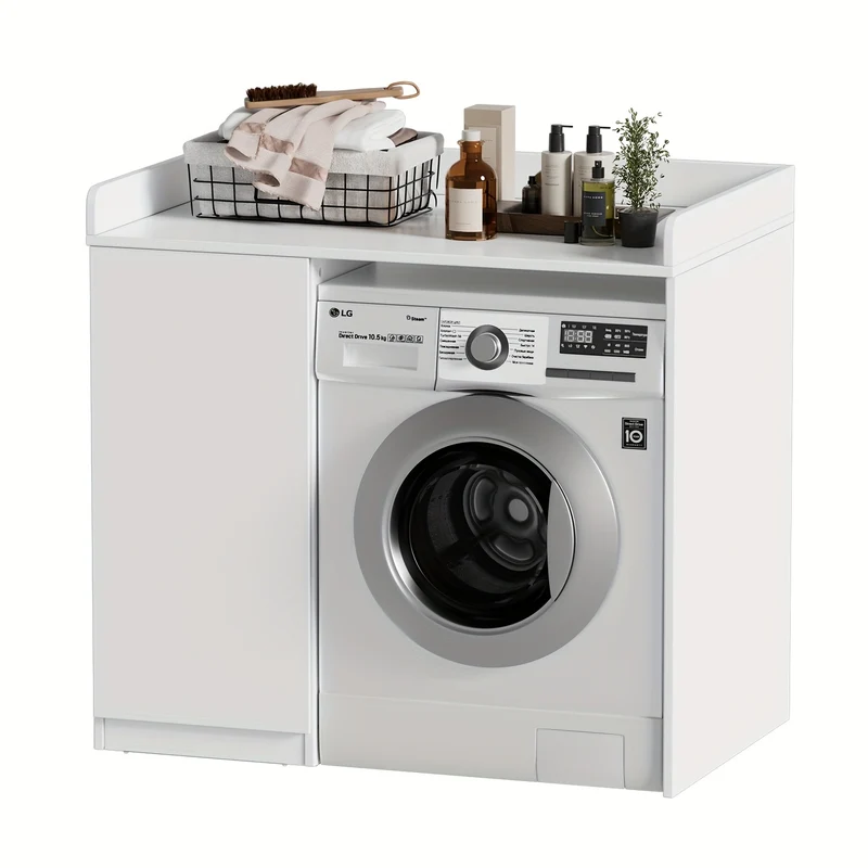 Wasmachinekast – Wasdrogerkast – Opbergkast – Waskamermeubel – Wit – 96x66x96 cm – 2 Ruime Planken – Verstelbare Zijopslag
