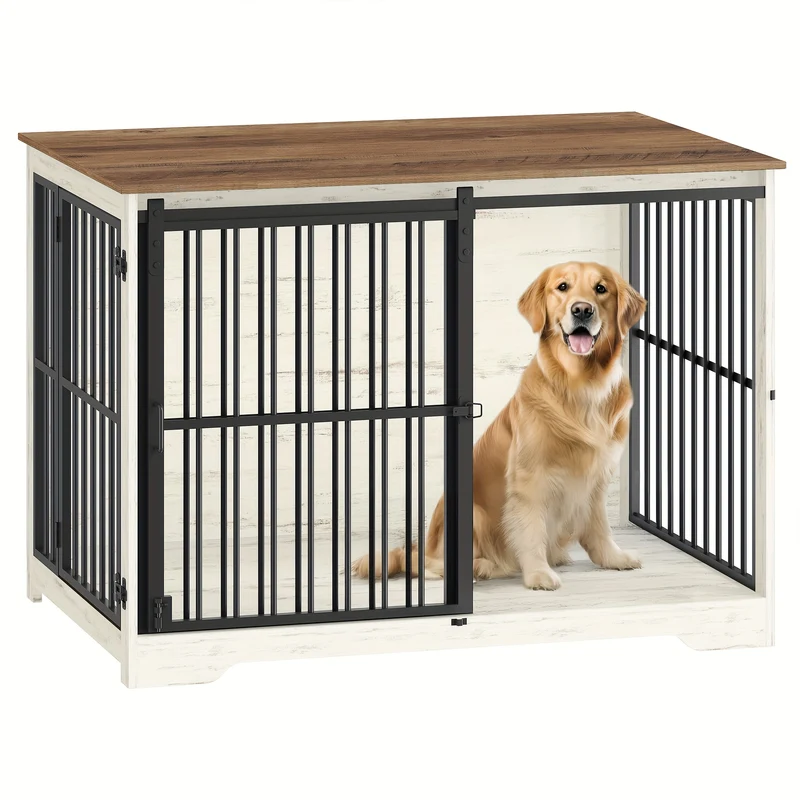 HZUANERI 110cm Metal Dog Crate with 2 Doors, Reinforced Sliding Door & Side Table - Modern Indoor Pet Cage for Small/Medium/Large Dogs Up to 100kg, White, Durable Metal Construction for Secure & Comfortable Use, Dog Crate Fur